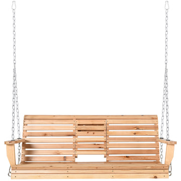 3 Seater Patio Swing Chair Wood Porch Swing with Foldable Table, Cup Holders, Steel Chains for Garden, Yard, Natural