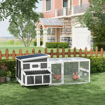 Wooden Chicken Coop, Rabbit Hutch with Large Run, Outdoor Poultry Cage with Nesting Box, Tray, Windows, Dark Grey
