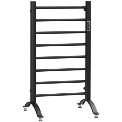 8-Bar Heated Towel Warmer Rack with Built-in Timer and LED Indicators, Wall Mounted & Free Standing Carbon Steel Electric Towel Bar with Adjustable Temperature, Black