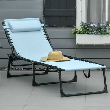 Outdoor Folding Lounge Chair, 4-Level Adjustable Chaise Lounge with Headrest, Tanning Chair Beach Bed, Reclining Lounger Cot for Camping, Hiking, Backyard, Light Blue