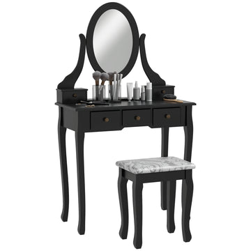 Vanity Desk with Stool, Makeup Vanity with 360° Rotating Oval Mirror, 5 Drawers and Padded Seat, Dressing Table for Bedroom, Black