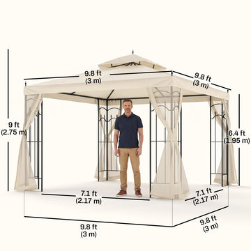 10' x 10' Steel Outdoor Patio Gazebo Canopy with Removable Mesh Curtains, Display Shelves, & Steel Frame, Brown