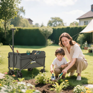 Small Collapsible Folding Garden Cart, Heavy Duty Lawn Wagon with Universal Wheels and Adjustable Handle, Grey