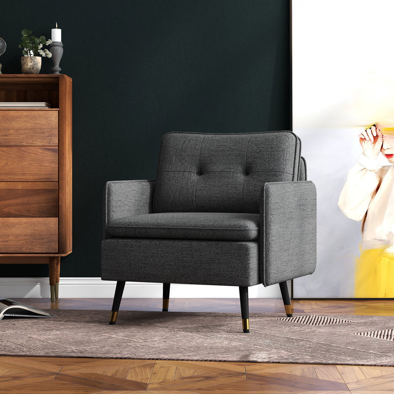 Accent Chair, Upholstered Armchair with Tufted Back Cushion and Steel Legs for Living Room, Bedroom, Dark Grey