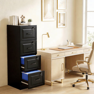 4 Drawer File Cabinet with Lock, Vertical Filing Cabinet with Adjustable Hanging Bars for A4 and Letter Size, Black