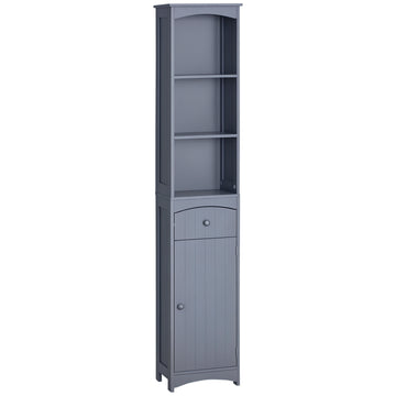 Bathroom Storage Cabinet, Tall Linen Tower with 3-Tier Shelves and Drawer and Door, Grey