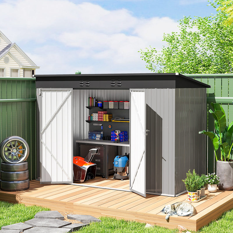 9' x 4' Galvanized Steel Garden Storage Shed with Lockable Doors, Gloves and 2 Air Vents for Backyard, Patio, Lawn, Grey
