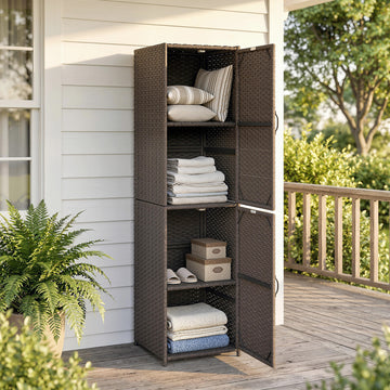 Wicker Outdoor Storage Cabinet, 4 Shelf Patio Storage Cabinet with Adjustable Shelves and Magnetic Doors, Brown