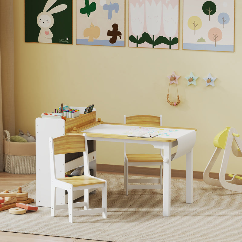 Qaba Kids Table and Chairs Set, Toddler Art Table and Chair Set with Paper Roll, Storage Shelves and Drawers, Grey