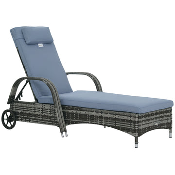 Wicker Chaise Lounge, Outdoor Lounge Chair, PE Rattan Patio Sun lounger with Head-rest, 5-Level Height Adjust Backrest, Cushion, & Wheels, Mixed Grey and Grey