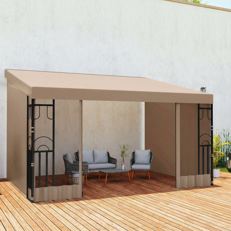 10' x 13' Outdoor Pergola, Wall Mounted Hardtop Lean-to Gazebo with 2 Curtains and 2 Nettings, UV Resistant, for Patio, Deck, Khaki