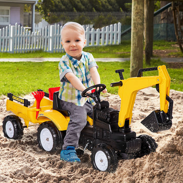 Aosom Ride on Tractor for Kids, Pedal Construction Car with Horn & Detachable Trailer for 3 Year Old, Yellow