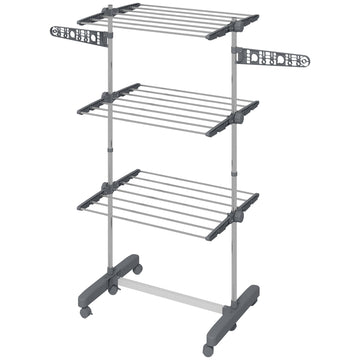 3-Tier Foldable Clothes Drying Rack, Stainless Steel Laundry Rack with 2 Side Wings and 6 Castors, Collapsible Adjustable Clothes Airer for Indoor Outdoor, Grey