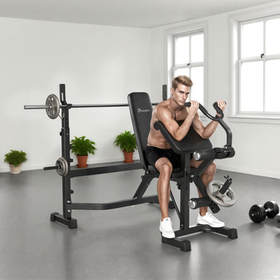 Banc de musculation Soozier avec support à squat, banc olympique ajustable, coussin multifonctionnel pour flexions de bras, extension de jambe, gris