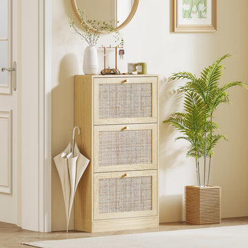 Rattan Shoe Storage Cabinet with 3 Flip Drawers and Adjustable Shelves, Entryway Shoe Cabinet for 18 Pairs, Oak