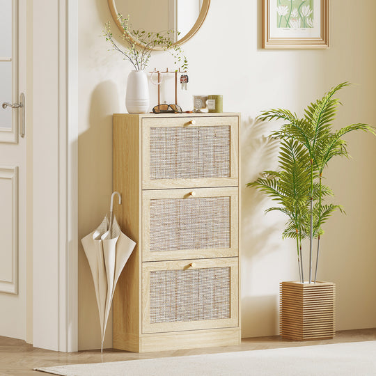 Rattan Shoe Storage Cabinet with 3 Flip Drawers and Adjustable Shelves, Entryway Shoe Cabinet for 18 Pairs, Oak