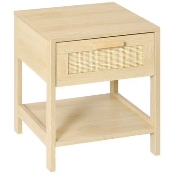 Narrow Nightstand with Rattan Elements, Bedside Table with Drawer and Storage Shelf for Bedroom, Natural