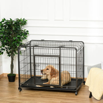 Folding Heavy Duty Dog Crate Heavy Duty Cage for Large Sized Dogs with Double Doors, Lockable Wheels Tray, 43