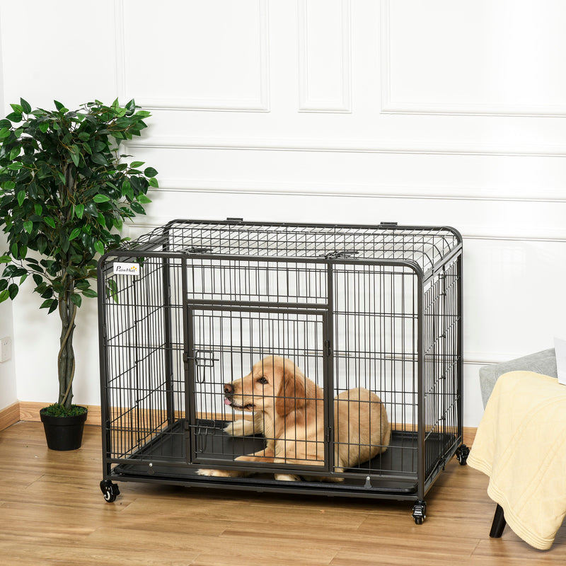 Folding Heavy Duty Dog Crate Heavy Duty Cage for Large Sized Dogs with Double Doors, Lockable Wheels Tray, 43
