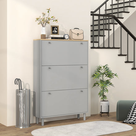 Entryway Shoe Storage Small Modern Flip-Flop Shoe Cabinet with 3 Flip Drawers Adjustable Shelves for 24 Pairs of Shoes, Grey