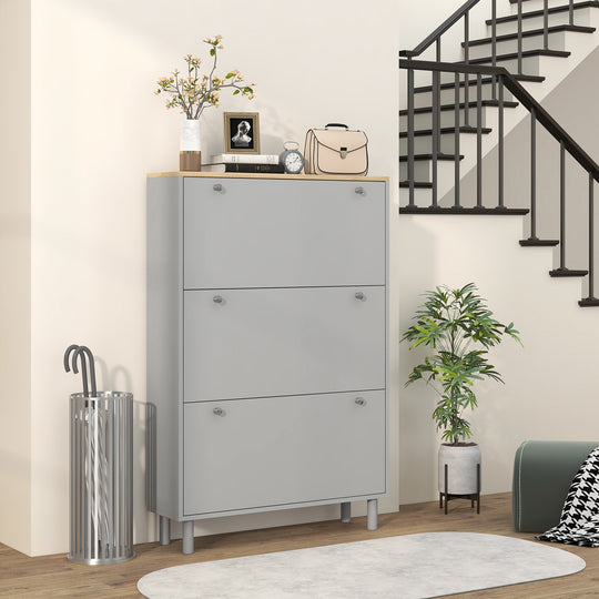 Entryway Shoe Storage Small Modern Flip-Flop Shoe Cabinet with 3 Flip Drawers Adjustable Shelves for 24 Pairs of Shoes, Grey