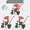 Qaba Tricycle for Toddler 4 in 1 Kids Trike with Reversible Adjustable Seat, Baby Push Bike with Removable Handle, Curved Canopy, Belt Storage Brake Clutch for 1-5 Years, Red
