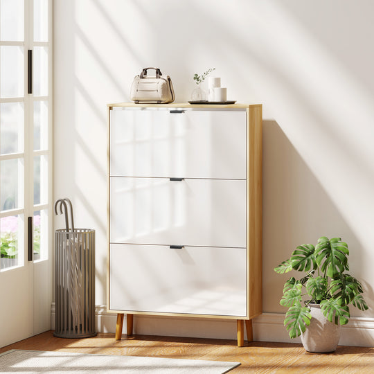 Narrow Shoe Cabinet, High Gloss Shoe Storage Cabinet with 3 Flip Drawers and Adjustable Shelves, Holds 24 Pairs, White