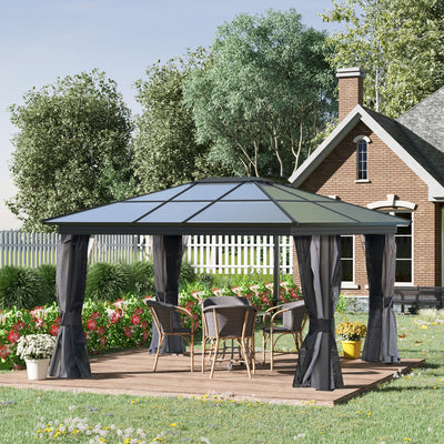 10' x 12' Hardtop Gazebo Canopy with Polycarbonate Roof, Aluminum Frame, Netting, Curtains and Ceiling Hook, Charcoal Grey