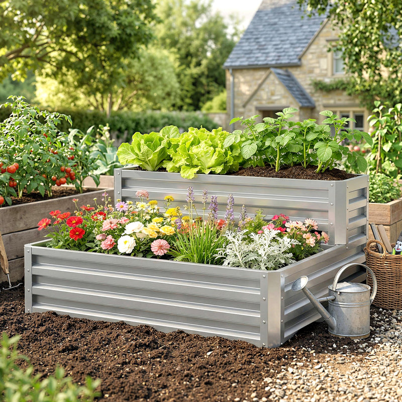 2 Tier Galvanized Raised Garden Bed, Steel Planter Box for Vegetables, Flowers, Herbs, 47