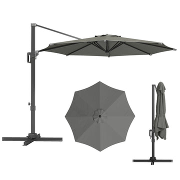 10' Offset Patio Umbrella Cantilever Umbrella with Aluminium Pole 360° Rotation and Tilt Adjustment, Grey