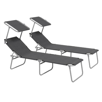 2Pcs Outdoor Lounge Chair, Adjustable Folding Chaise Lounge with Sun Shade for Beach, Camping, Hiking, Grey