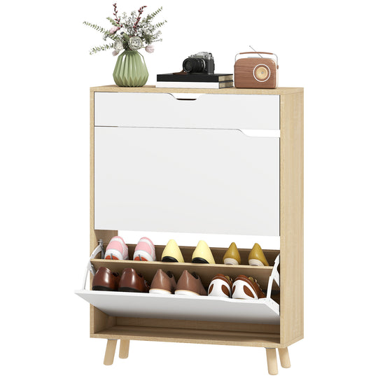 Narrow Shoe Cabinet for Entryway with 2 Flip Drawers, Top Drawer and Adjustable Shelves for 12 Pairs of Shoes, Black