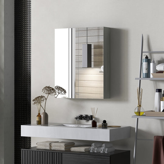 Wall Mount Mirrored Medicine Cabinet, Bathroom Mirror Cabinet with Adjustable Shelf, Double Soft Closing Doors, Grey