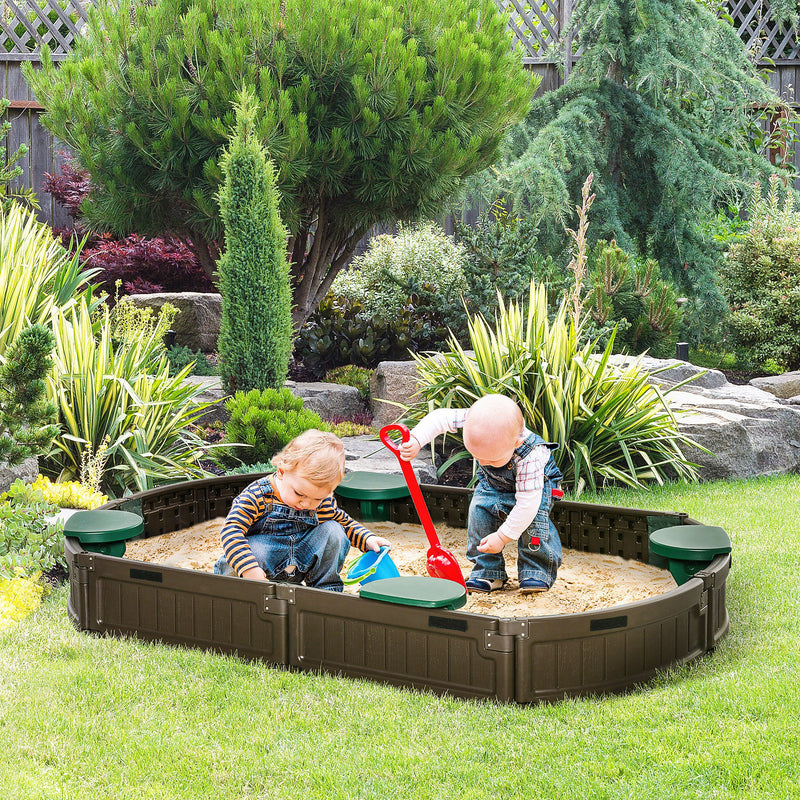Kids Sandbox with Cover, Seat, Sandbox Outdoor for Backyard, Brown