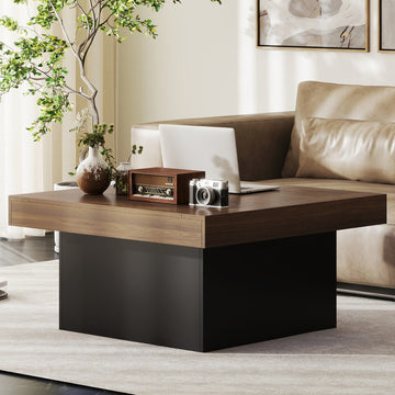 Square Coffee Table with 16-Colour LED Lights, 35-inch Modern Center Table for Living Room, Walnut