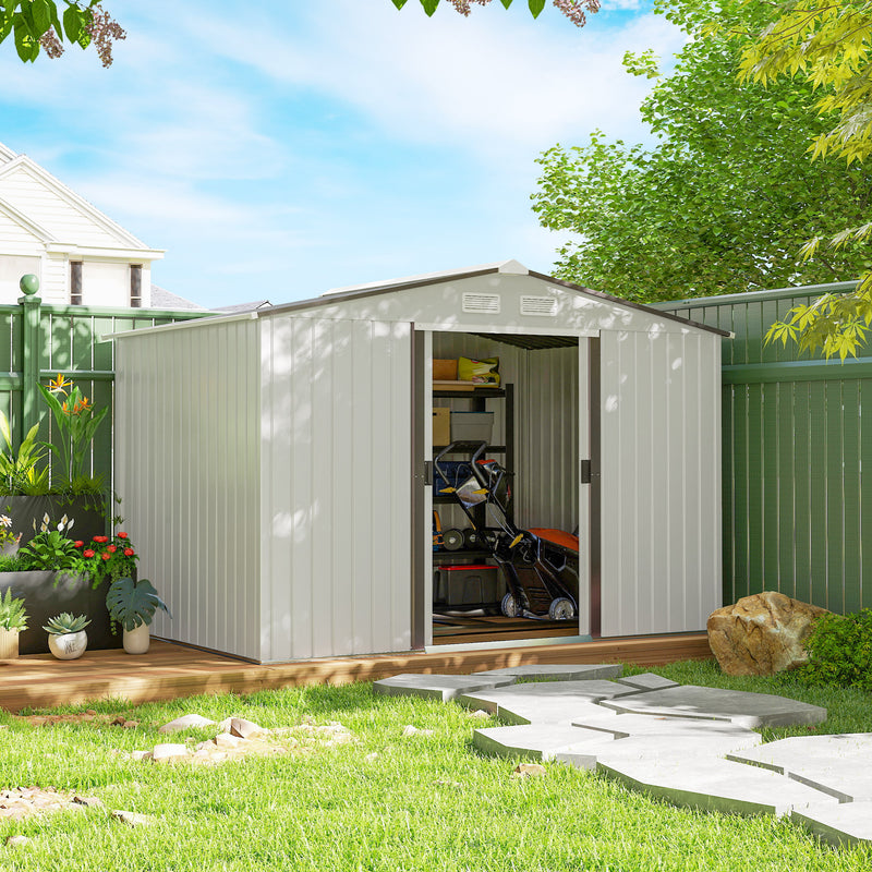 9.1'x6.4'x6.3' Garden Storage Shed w/ Foundation Kit Metal Tool Storage House w/ Double Doors, Silver