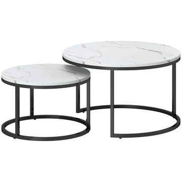Modern Coffee Table Set of 2, Nesting Side Tables w/ Metal Base for Living Room Bedroom Office Faux Marbled White
