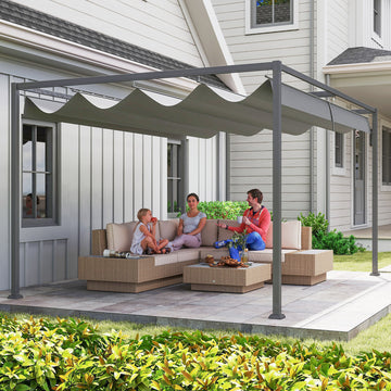 10x7ft Pergola with Retractable Roof Outdoor Patio Sun Shelter Garden Grape Tent Water-resistant Yard Shade, Dark Grey