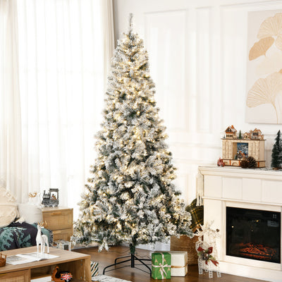 7.5ft Artificial Prelit Christmas Tree with Warm White LED Light, Snow Flocked Branches, Metal Base, Xmas Tree