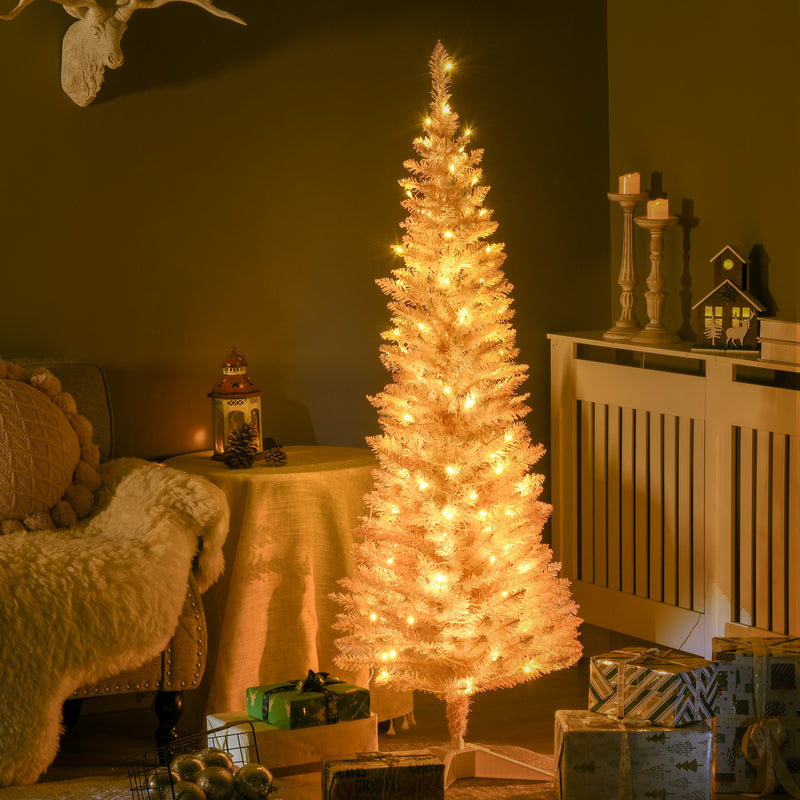 5' Pre Lit Artificial Pencil Christmas Trees, Xmas Tree with Realistic Branches and Warm White LED Lights, Pink