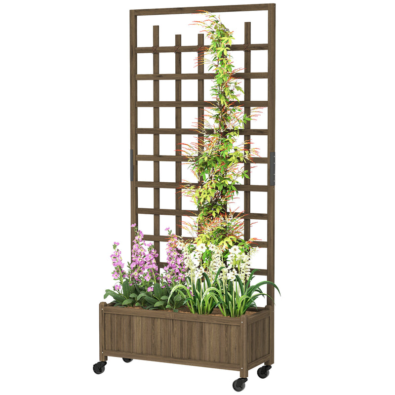 Wooden Planter with Trellis, Raised Garden Bed with Wheels, Drainage Holes for Climbing Plants, Flowers, Nature Wood
