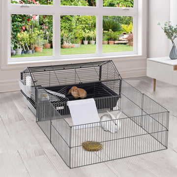 Guinea Pig Cage with Foldable Detachable Playpen, Rolling Rabbit Chinchilla Hedgehog Bunny Cage Small Animal Habitat with Water Bottle, Hay Feeder, 34.5