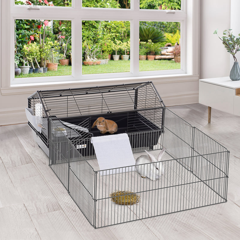 Guinea Pig Cage with Foldable Detachable Playpen, Rolling Rabbit Chinchilla Hedgehog Bunny Cage Small Animal Habitat with Water Bottle, Hay Feeder, 34.5