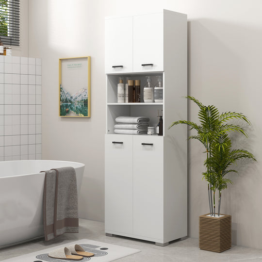 Bathroom Cabinet, Freestanding Linen Cabinet with Open Shelves and Cupboards, 23.6