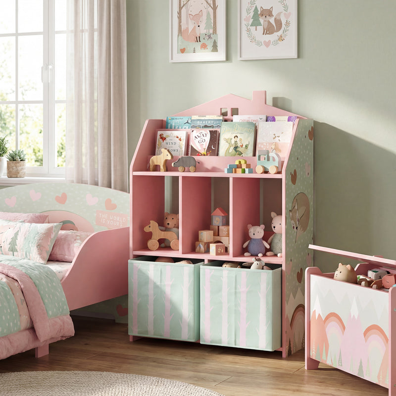 Qaba Kids Bookshelf with Storage, Toy Storage Unit with Book Display, Shelves and Fabric Drawers for Playroom Nursery, Pink
