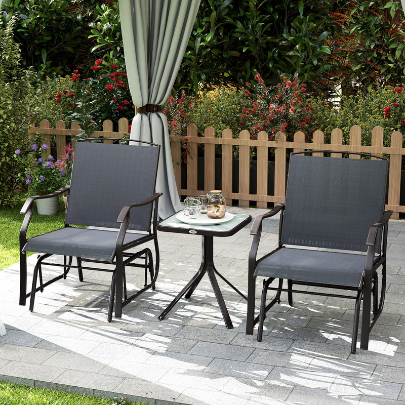 3 Piece Patio Glider Set Outdoor Gliders with Breathable Mesh Seat, Glass Top Table for Garden, Yard, Grey