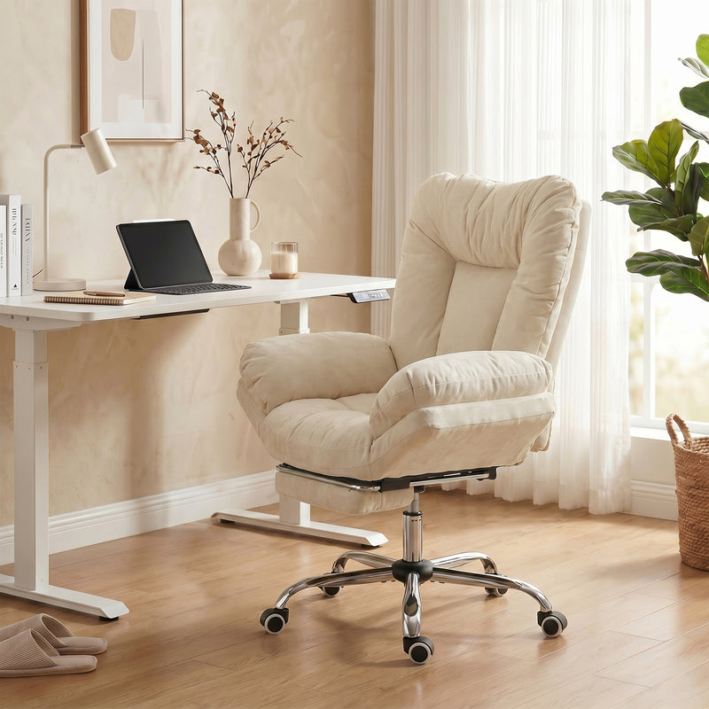 Criss Cross Chair with Wheels, Waterfall Armrests, Overstuffed Wide Office Chair with Footrest, Beige
