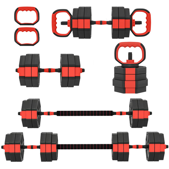 6-in-1 Adjustable Dumbbell Set, Used as Kettlebell, Barbell, Dumbbell, Push-Up Stand, 55lbs Free Weights Set, Red