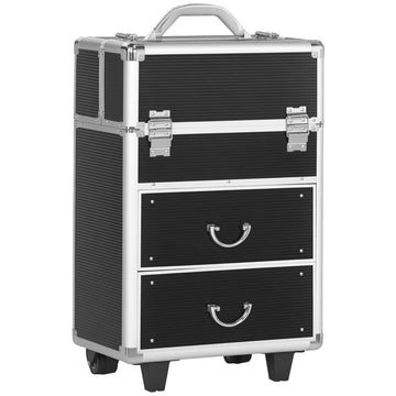Aluminum Rolling Makeup Case, Portable Professional Cosmetic Makeup Case, Lockable Traveling Cart Trunk with Folding Trays, Swivel Wheels and Keys, Black