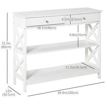 Table console de 39 po, table d'entrée étroite avec étagères de rangement, tiroirs et structure en X pour derrière le canapé, salon, couloir, noir